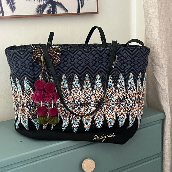 Desigual Navy and Multicolor Geometric Tote - Picture 1 of 5